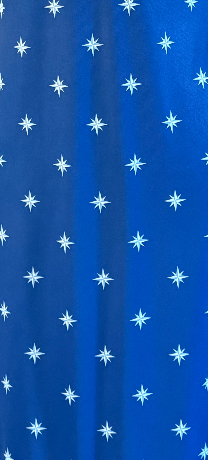 Tissu bleu roi imprimé de roses des vents blanches, motif signature IKONIKA