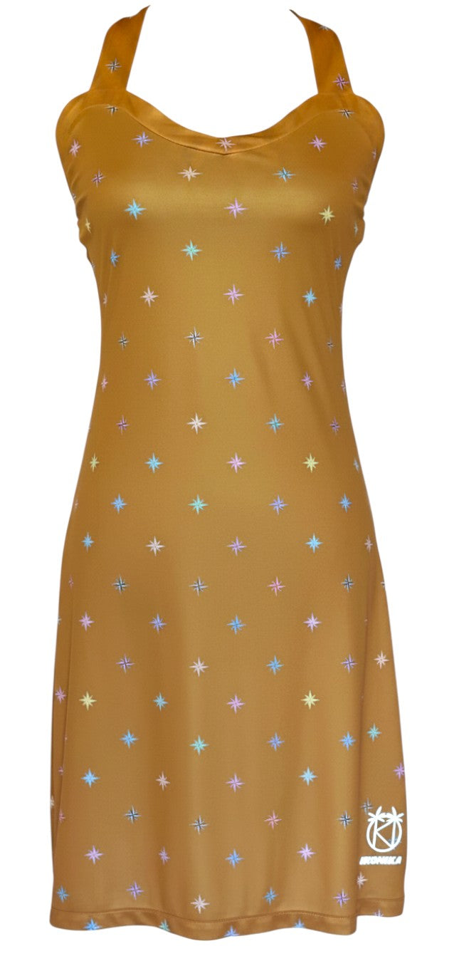 FIDJI - Robe à nouer sans poches - Ocre avec roses des vents - Tenue de Plage