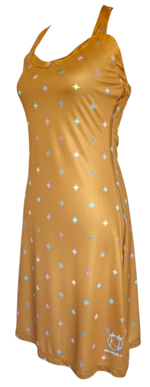 FIDJI - Robe à nouer sans poches - Ocre avec roses des vents - Tenue de Plage