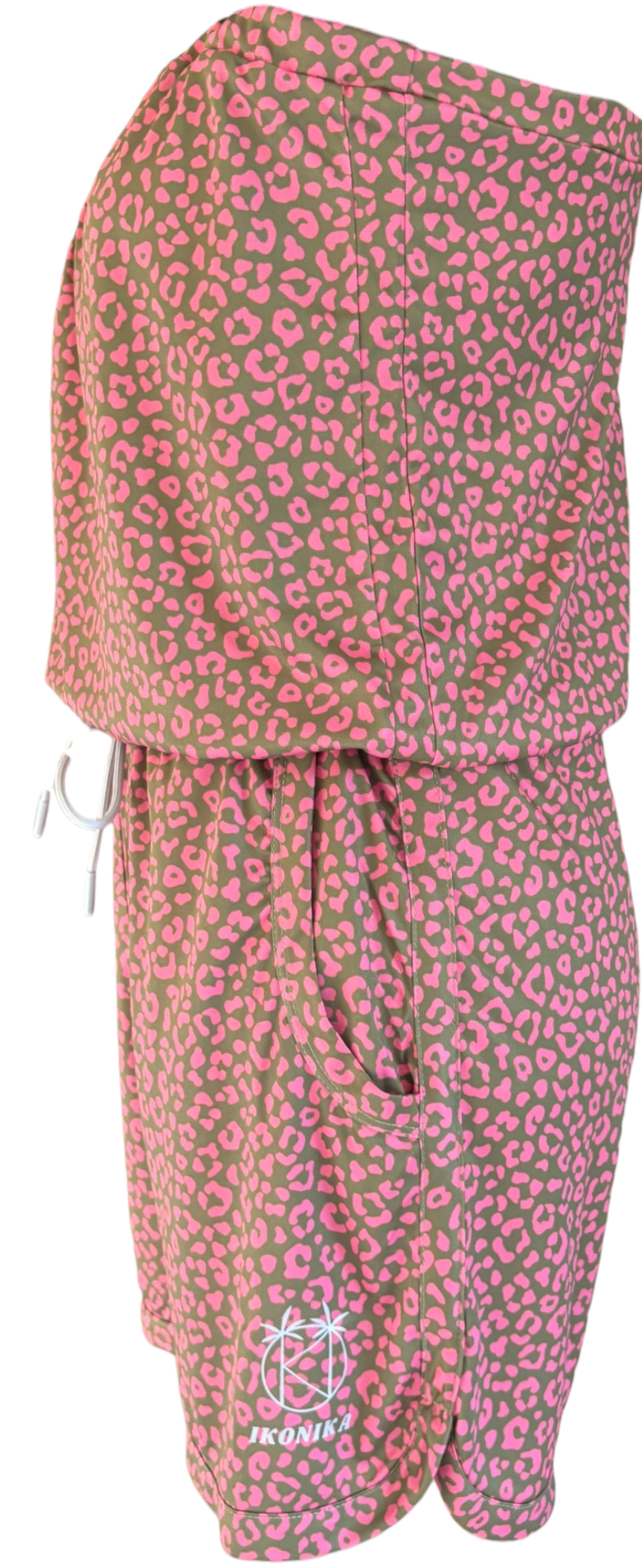 Combishort Ibiza Léopard Rose Fond Kaki à plat, vue latérale gauche
