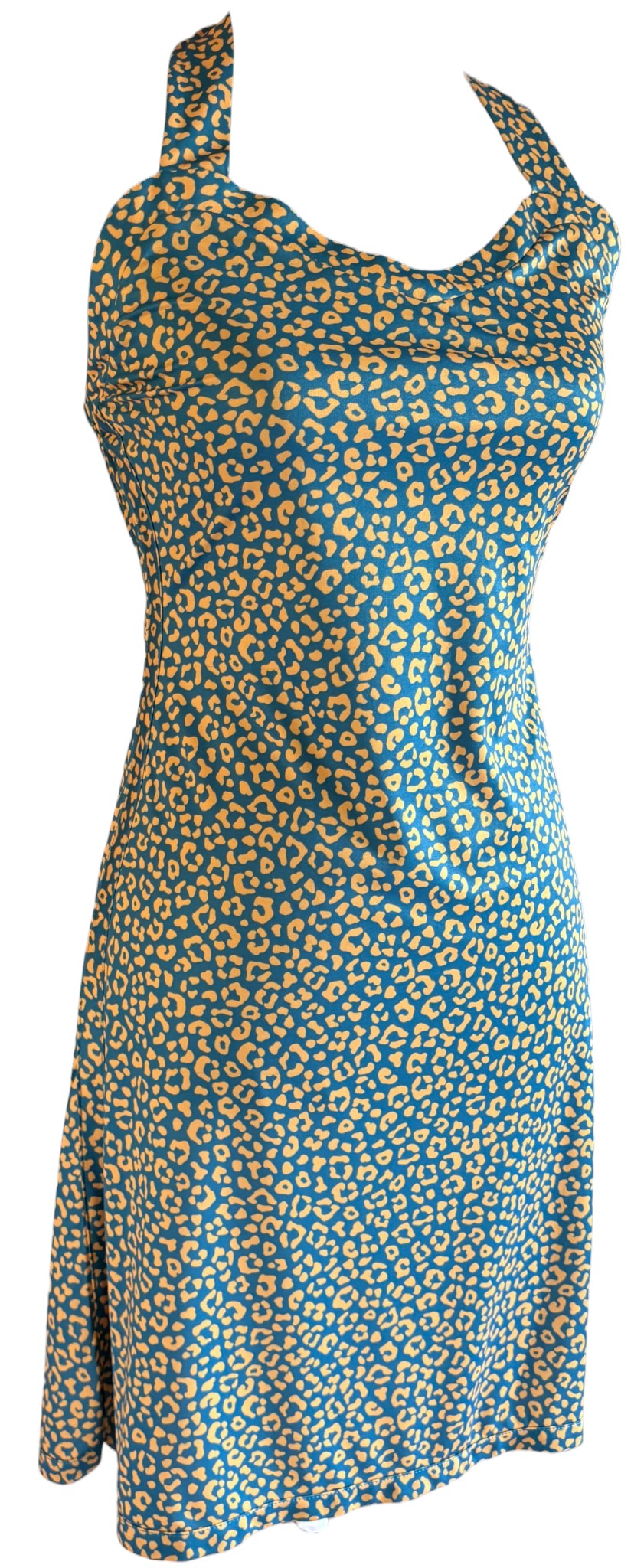 Robe Fidji Léopard Abricot Fond Vert à plat, vue 3/4 droite