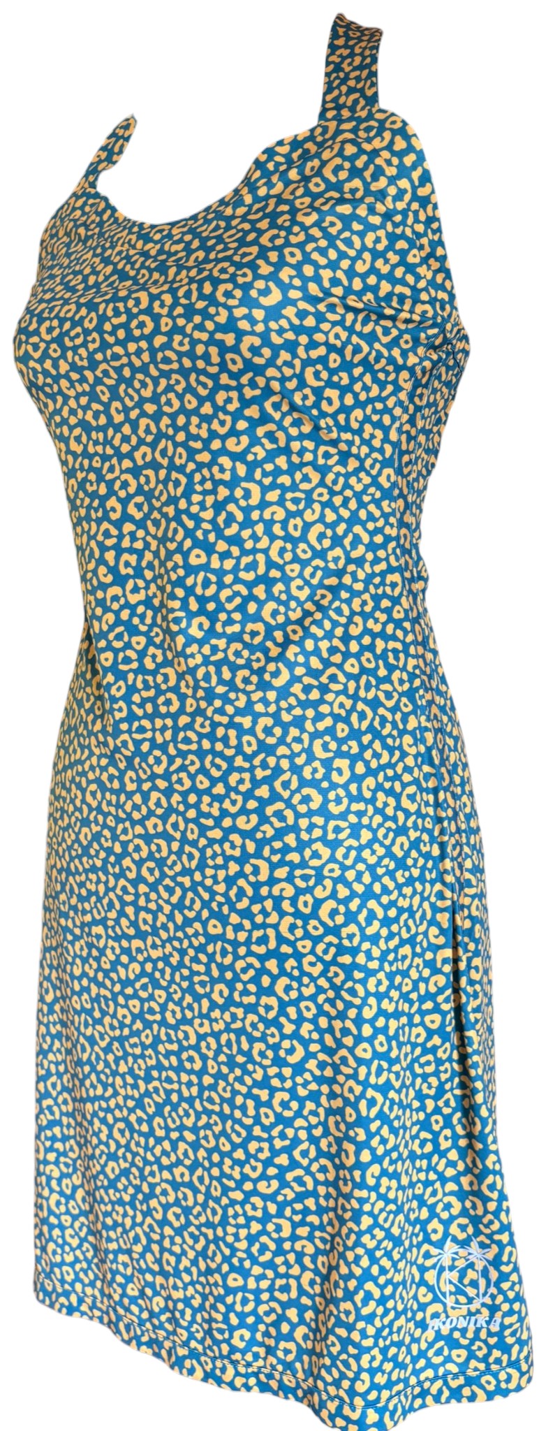 Robe Fidji Léopard Abricot Fond Vert à plat, vue 3/4 gauche